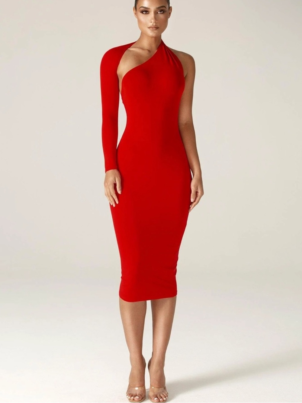 Alieva Dasha Modern Midi Dress Red One Shoulder Bodycon Large